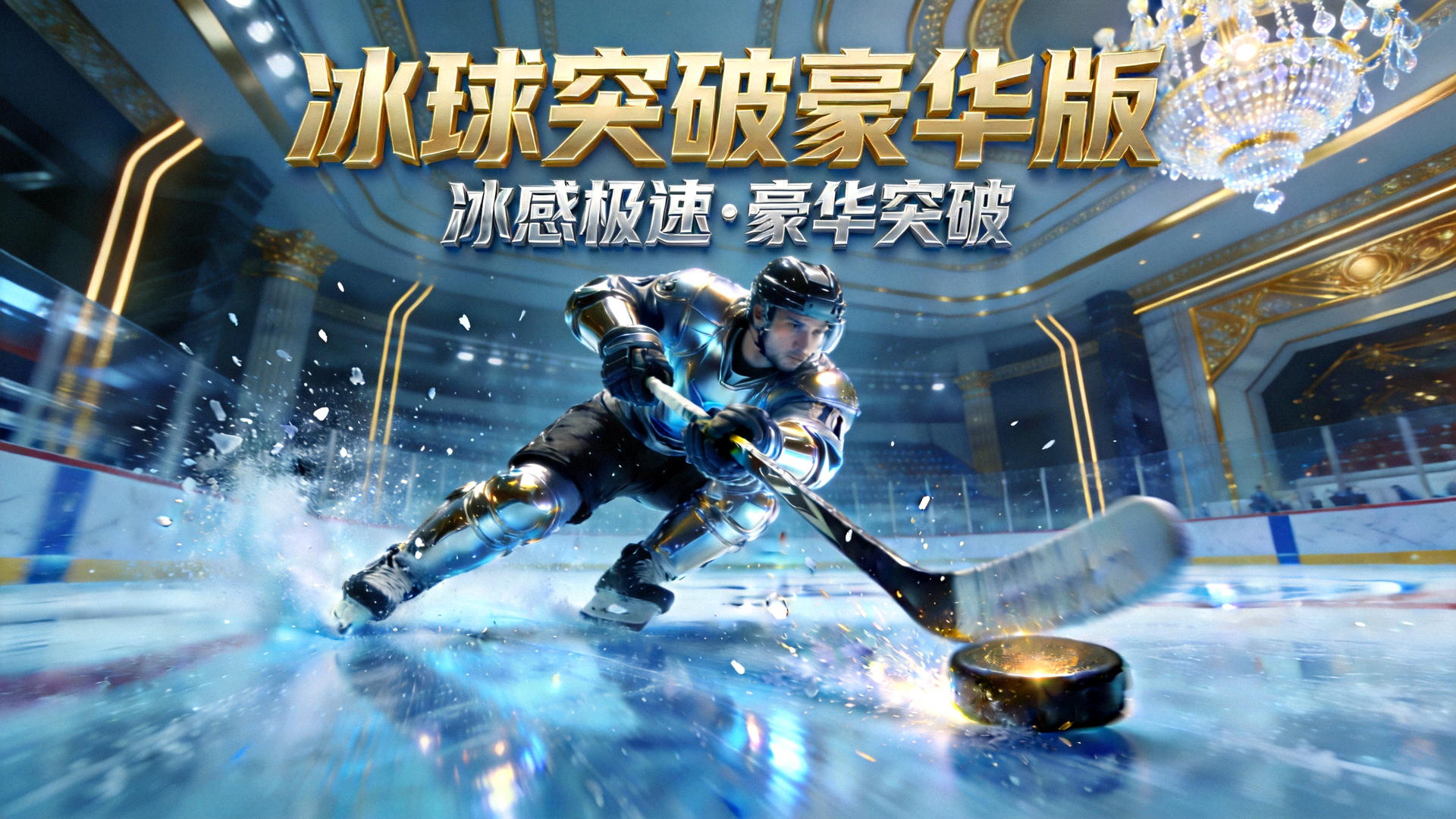 冰球突破豪华版视觉主视觉，运动员在冰面高速滑行并挥杆射门，展现冰感极速与豪华突破